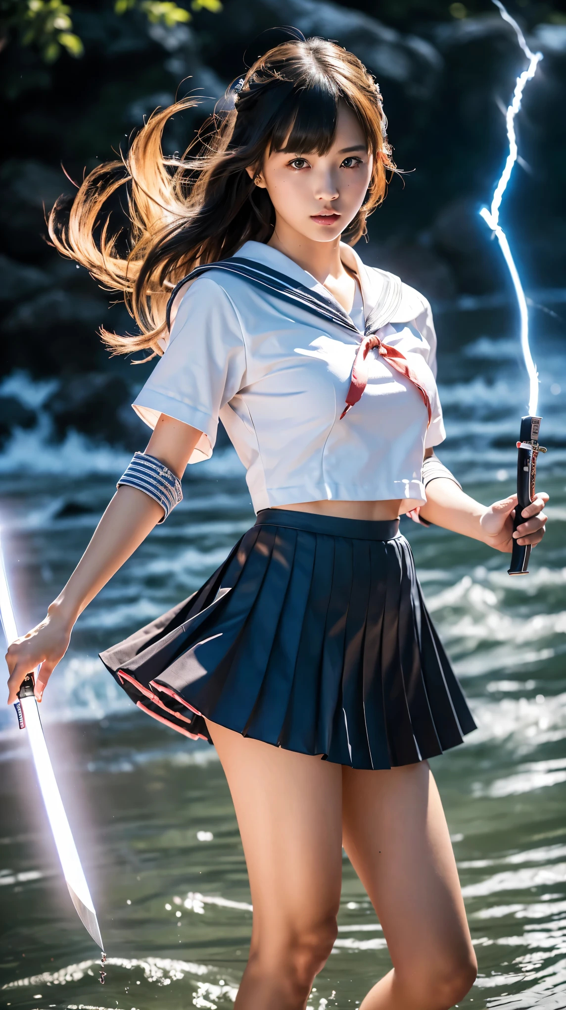 (Ultra HD, Highest quality, High resolution, Hyperrealistic, super beautiful), 24000dpi, Beautiful woman, high school girl, Long Tail, Well-formed eyes, Eyesight max, 18-year-old, Alluring, Completely American, perfect body, Physical Beauty, ((Japanese Sailor Suit:1.2, Pleated skirt, Ultra mini skirt, serafuku, JK)), (((hold, Electric Japanese Sword, 2 foot knife, Two-Way))), Blue Lightning, Charge Move, (Special move stance), All in one, Disorganized, (Seven knives fly around her), (((Anatomically correct))), whole body