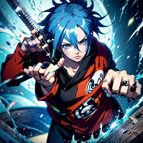 Create a nail character with blue hair red eyes from Naruto