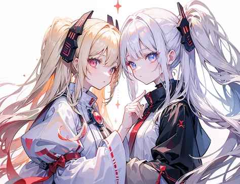 Two girls, one with beige hair and very red eyes, the other with white hair and blue eyes, twin tails, long hair, white backgrou...