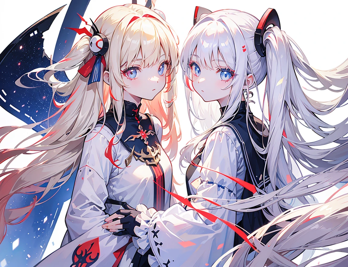 Two girls, one with beige hair and very red eyes, the other with white hair and blue eyes, twin tails, long hair, white background, colorful gemstone lights, high quality, mecha musume, Colorful portraits