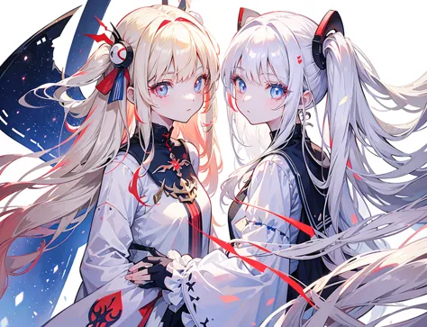 Two girls, one with beige hair and very red eyes, the other with white hair and blue eyes, twin tails, long hair, white backgrou...