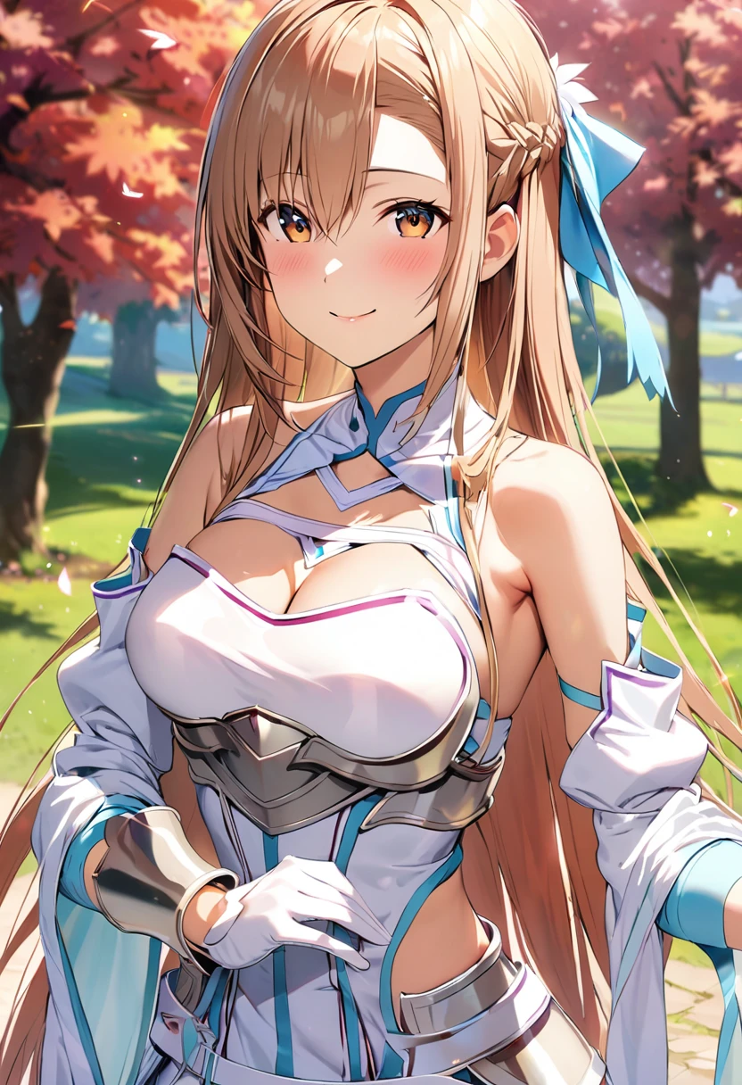 ((masterpiece)), Highest quality, Very detailed,(One Girl),Yuki Asuna、Asuna (stay), brown eyes, bare shoulders, breastplate, armor, detached sleeves, gloves, white gloves, (red and white dress), Long Hair, smile, Beautiful background ,Clothing, 