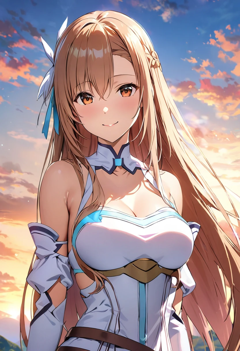 ((masterpiece)), Highest quality, Very detailed,(One Girl),Yuki Asuna、Asuna (stay), brown eyes, bare shoulders, breastplate, armor, detached sleeves, gloves, white gloves, (red and white dress), Long Hair, smile, Beautiful background ,Clothing, 