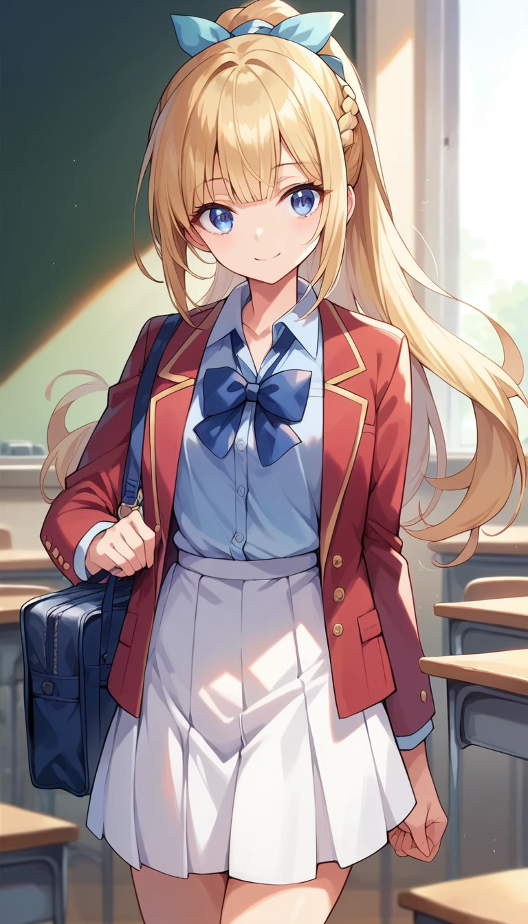 masterpiece, best quality, highres, ponytail hair, (single braid:1.2), hair ribbon, red blazer,buttoned blazer, blue bowtie, long sleeves, white skirt,standing in classroom,holding a school bag ,cowboy shot, smile,closed mouse