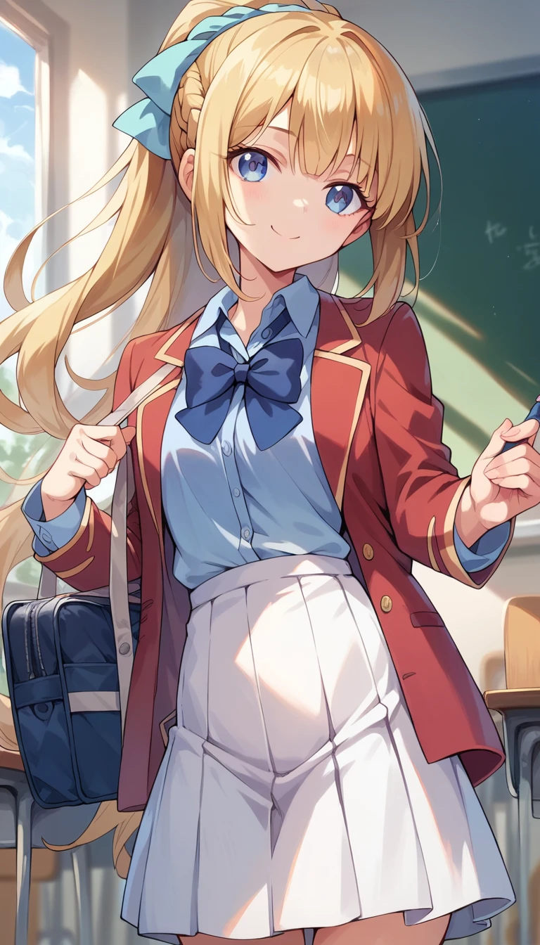 masterpiece, best quality, highres, ponytail hair, (single braid:1.2), hair ribbon, red blazer,buttoned blazer, blue bowtie, long sleeves, white skirt,standing in classroom,holding a school bag ,cowboy shot, smile,closed mouse