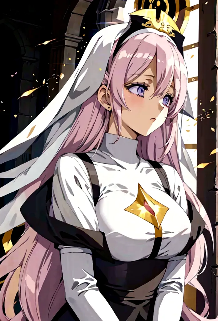 anime styling, best qualityer, pale white woman, very long pastel pink hair, some wavy locks, bangss, purples eyes, nun (nun), d...