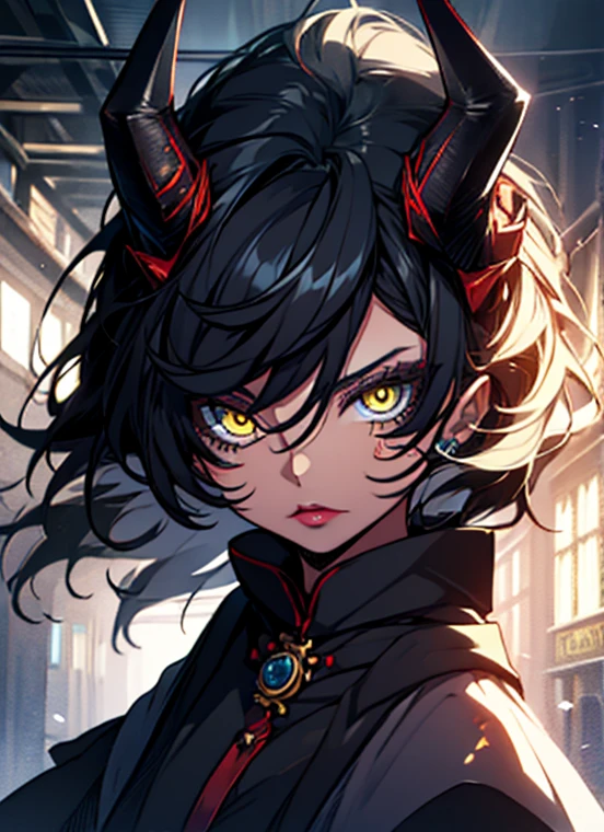 فتاة Tiefling مع قرون, ملابس كاهنة بيضاء ضيقة, صورة بأسلوب dnd, شعر أسود بقصة عابث, مكياج داكن, أحمر الشفاه, وشم, مشعوذ سماوي, تنورة عيون صفراء，وجه