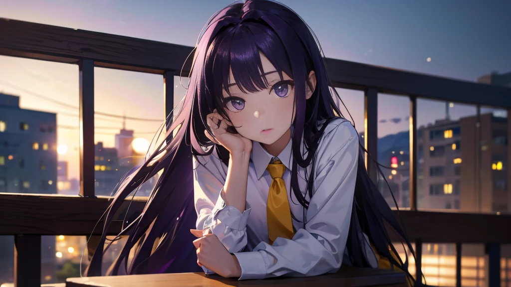 Best picture quality, 8K, high quality, masterpiece:1.2), ((masterpiece)), (great detail, high quality, best picture quality), bokeh, DOF, Portrait, open stance, purple hair long hair, in black, round face, in white shirt with a yellow tie, black plead skirt, lie down on the balcony