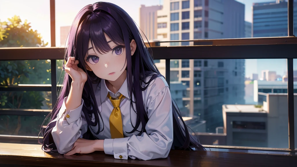 Best picture quality, 8K, high quality, masterpiece:1.2), ((masterpiece)), (great detail, high quality, best picture quality), bokeh, DOF, Portrait, open stance, purple hair long hair, in black, round face, in white shirt with a yellow tie, black plead skirt, lie down on the balcony