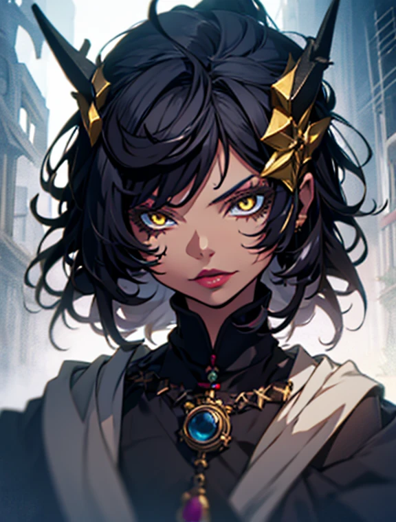 فتاة Tiefling مع قرون, ملابس كاهنة بيضاء ضيقة, صورة بأسلوب dnd, شعر أسود بقصة عابث, مكياج داكن, أحمر الشفاه, وشم, مشعوذ سماوي, تنورة عيون صفراء，وجه