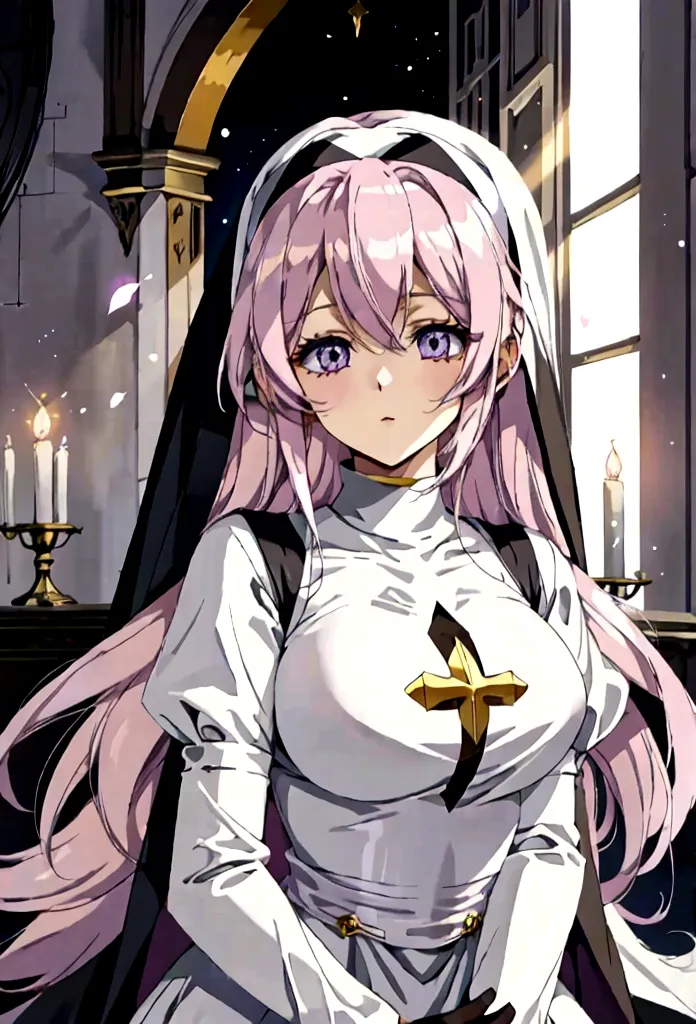 anime styling, best quality, pale white woman, very long pastel pink hair, some wavy locks, bangss, purples eyes, nun (nun), dre...