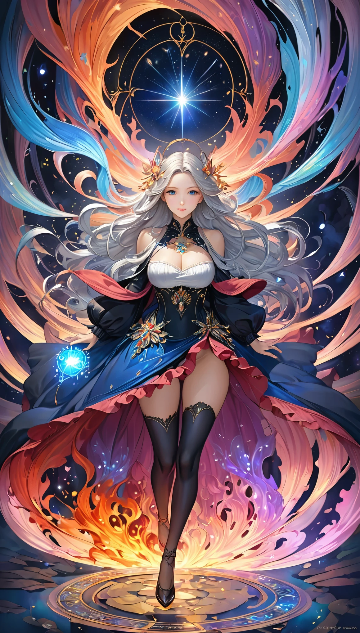 8K resolution, masterpiece, Highest quality, Award-winning works, unrealistic, From above, sole sexy lady, healthy shaped body, 22 years old, black mage, 165cm tall, huge firm bouncing busts,, white silver long wavy hair, Detailed facial depictions, Break, Mysterious blue eyes, Standard nose, Eyeliner, pink lips, sexy long legs, Clear skin, holy knight, Gothic ruffle long dress, A dress with a complex structure, Seven-colored colorful dress, Clothed in flames, royal coat of arms, elegant, Very detailed, Delicate depiction of hair, miniature painting, Digital Painting, artステーションコンセプトart, Smooth, Sharp focus, shape, artジャム、Greg Rutkowski、Alphonse Mucha、William Adolphe Bouguereau、art：Stephanie Law , Royal Jewel, nature, Symmetric, Greg Rutkowski, Charlie Bowwater, Unreal, Surreal, Dynamic Lighting, ファンタジーart, Complex colors, Colorful magic circle, flash, dynamic sexy poses, A kind smile, Mysterious Background, Aura, A gentle gaze, BREAK, Small faint lights and flying fireflies, night, lanthanum, 山の頂From above下界を見下ろす, Starry Sky, milky way, nebula, shooting star