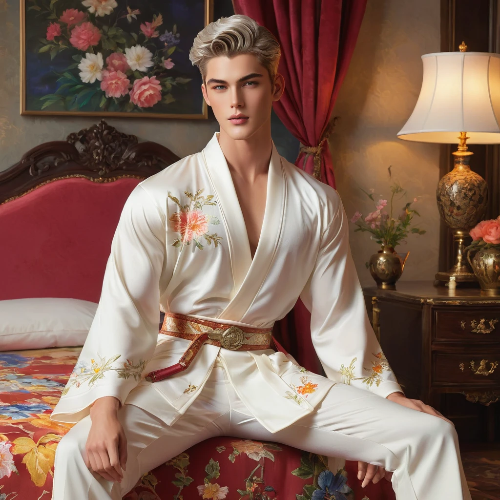 In this breathtaking artwork, miniature doll-sized male models, inspired by the iconic supermodels Sean O’Pry and Lucky Blue Smith, take center stage in a vibrant scene reminiscent of a Ken doll fantasy. With jointed doll features and porcelain-like skin, these charming figures boast an irresistible blend of sophistication and natural beauty.
Sporting short silver-gray undercut hairstyles, Standing adorned in a white top t-shirt with sweatpants with semi bulge, an embroidery-detailed kimono robe, he exudes sophistication and elegance against the backdrop of a luxury bedroom. The room is adorned with 1915 Oriental theme, surrounded by luxury exotic furniture, velvet drape curtains, and colorful wildflowers, creating a vibrant and enchanting atmosphere.
Captured from a dynamic angle, over shoulder look photo showcases the models amidst the meticulously arranged Employing three-point lighting and incorporating 3D animation shadows, the photographer enhances the models' features, resulting in an image of unparalleled realism and detail.
Photographed with a Fujifilm XT3 by a professional fashion photographer, the artwork boasts high definition and impeccable quality. From the soft, natural light to the intricate details of the surroundings, every element contributes to the overall romantic atmosphere and lively background.
With its dramatic composition and seductive lighting, this masterpiece invites viewers to immerse themselves in a world of charm and sophistication. It celebrates the beauty of the male form while capturing the essence of a fun-filled day, where joy and relaxation abound.