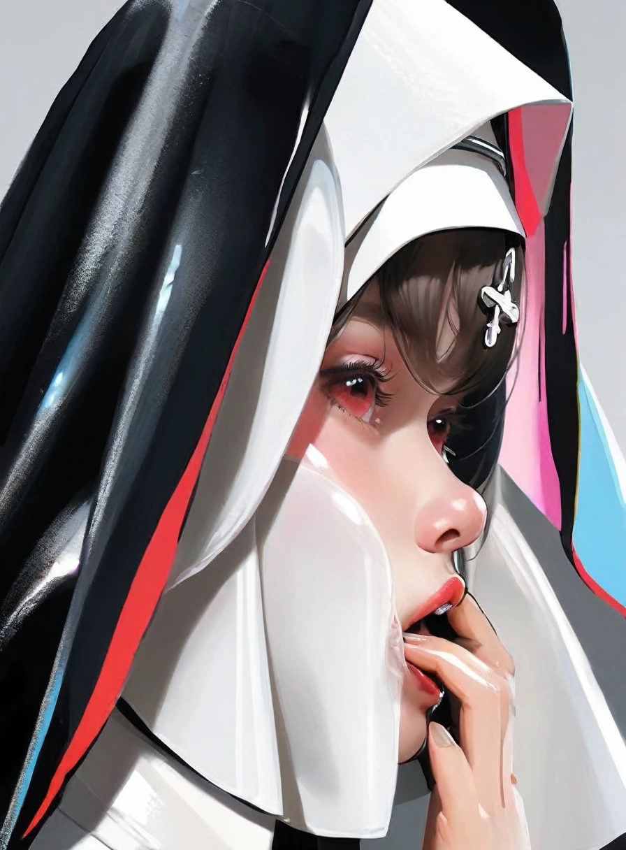 ultra-detailed,(best quality),((masterpiece)),(highres),original,extremely,1girl,solo, Close-up profile of a sexy young nun with her tongue out, her hands covering the face