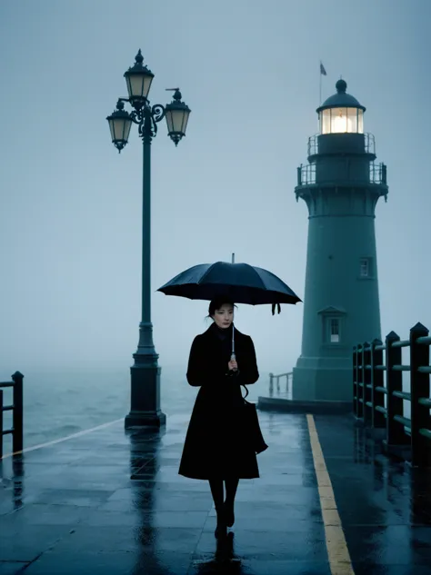 1girl, 独奏, rain, fog, cold, dull, , pier, bay, lighthouse, seaside, the dim light shines in the fog,and the figure stands in the...