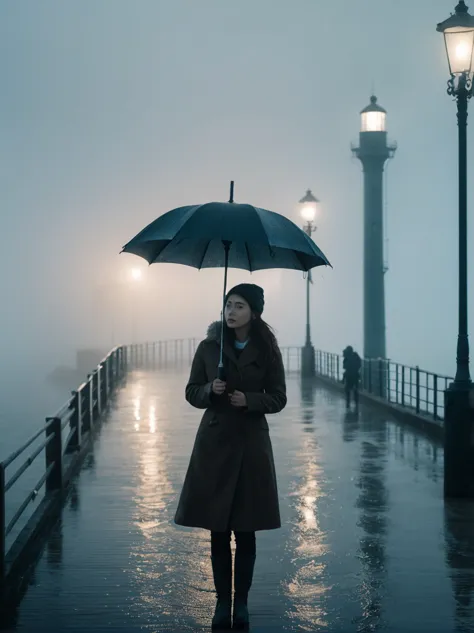 1girl, 独奏, rain, fog, cold, dull, , pier, bay, lighthouse, seaside, the dim light shines in the fog,and the figure stands in the...