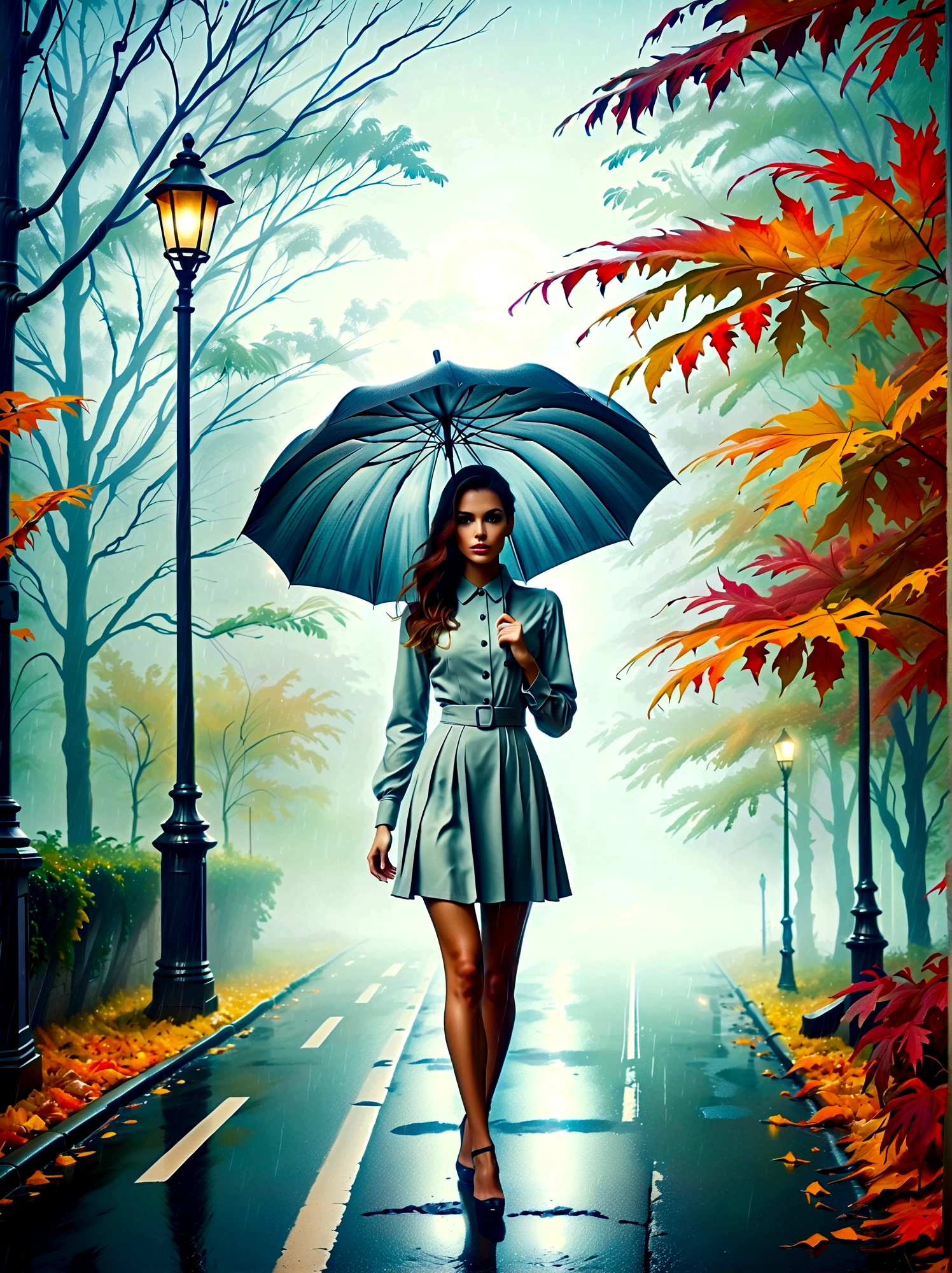 Woman in tight dress with umbrella in hand, in einer mistyen Stadt, colorful autumn leaves on the street, a picture by Kuno Veeber, pixabay contest winner, conceptual art, standing in the rain,  mysterious woman, pretty girl, that stands in the rain, Single person with umbrella, woman ((silhouette)), ((misty)) and rainy, female image in the shadow, in a rainy environment, Rainy weather, Rainy roads in the background , ((Fog with light)), ((View from behind)), Light from the front