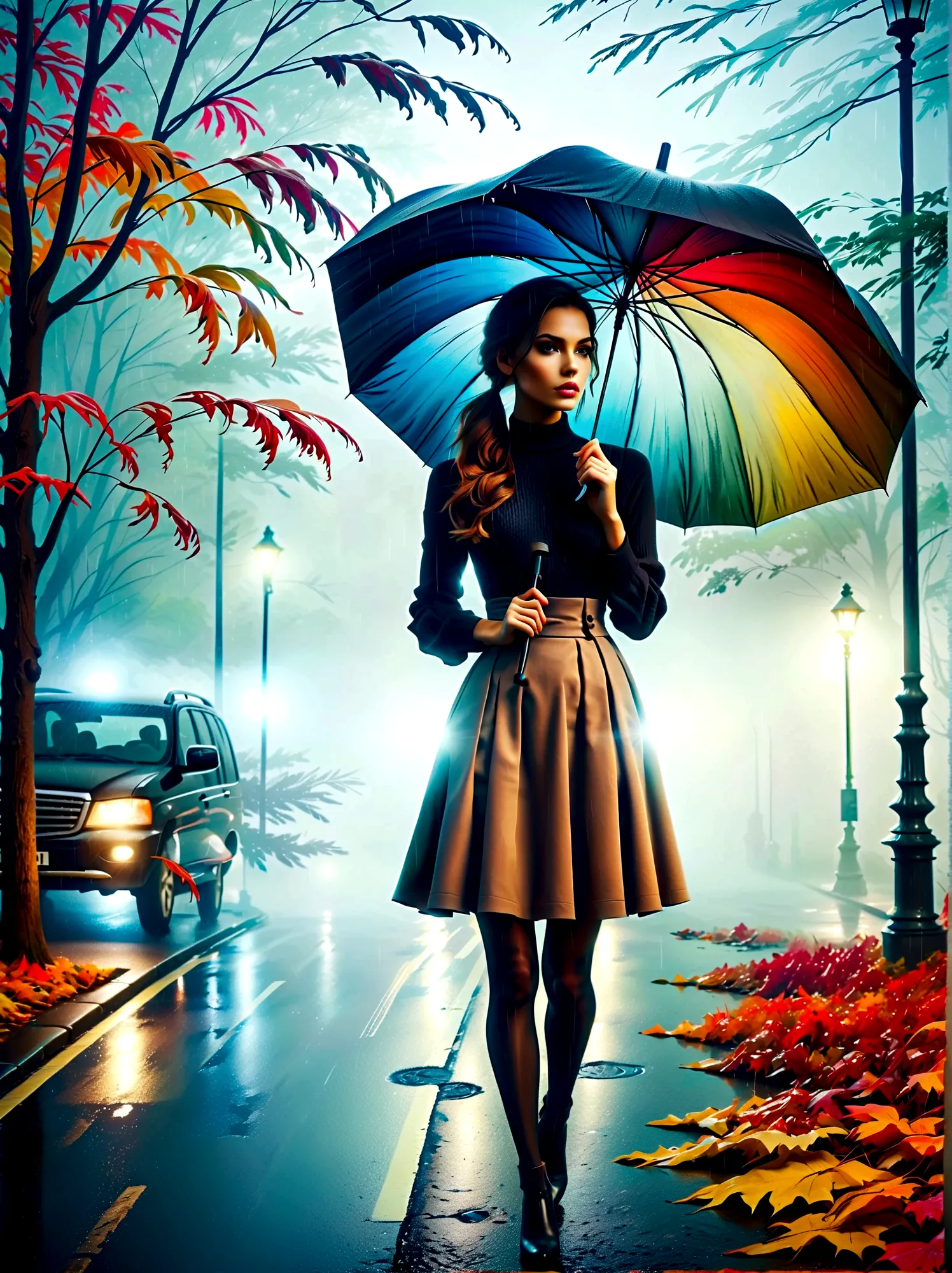 Woman in tight dress with umbrella in hand, in einer mistyen Stadt, colorful autumn leaves on the street, a picture by Kuno Veeb...