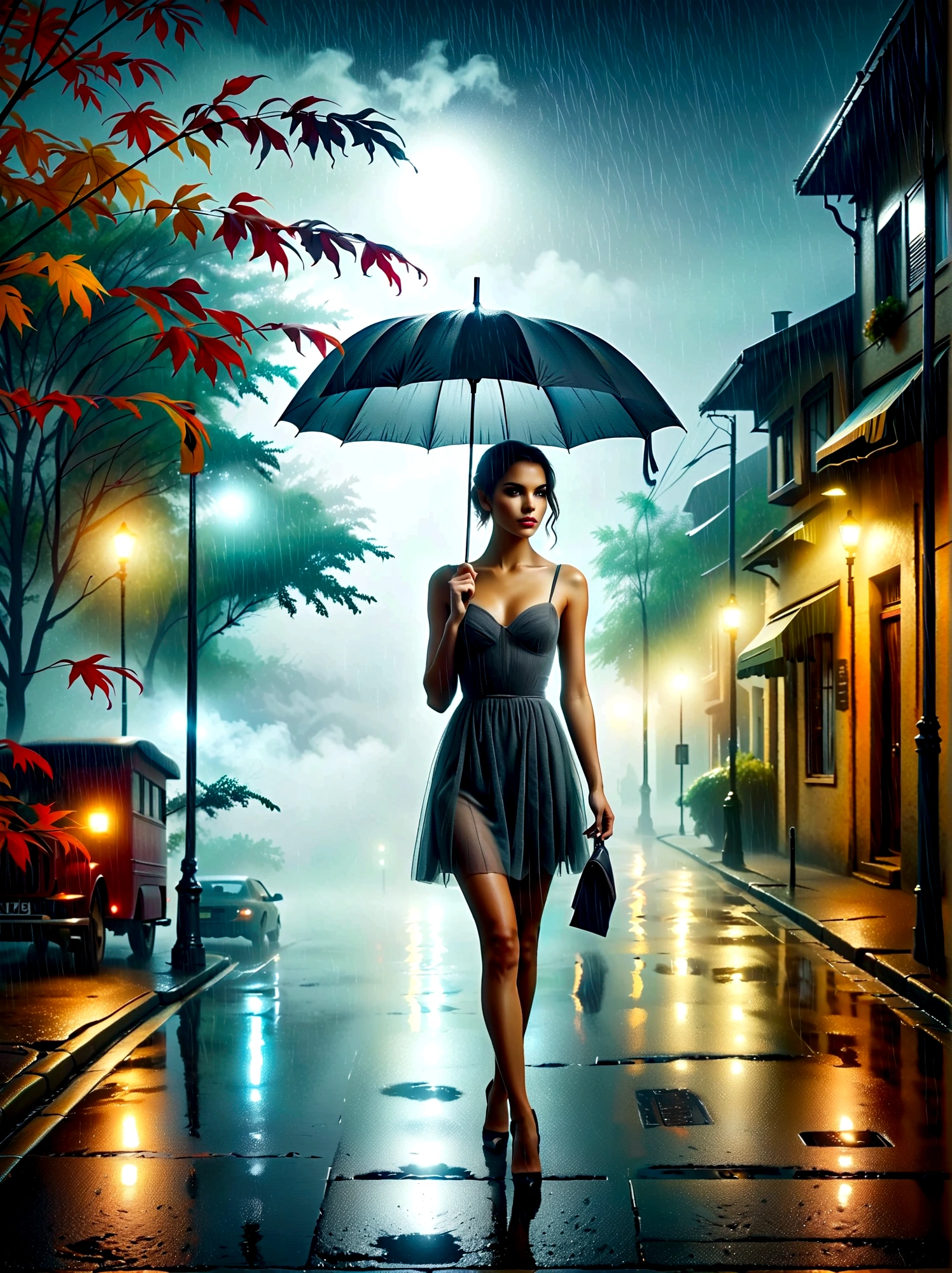 Woman in tight dress with umbrella in hand, in einer mistyen Stadt, colorful autumn leaves on the street, a picture by Kuno Veeber, pixabay contest winner, conceptual art, standing in the rain,  mysterious woman, pretty girl, that stands in the rain, Single person with umbrella, woman ((silhouette)), ((misty)) and rainy, female image in the shadow, in a rainy environment, Rainy weather, Rainy roads in the background , ((Fog with light)), ((View from behind)), Light from the front