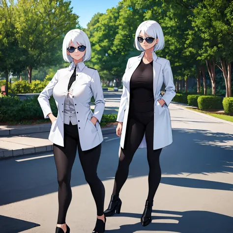 a woman wearing long open white jacket, black shirt, tight black pants, black women's heels, short white hair, ice blue eyes, sm...