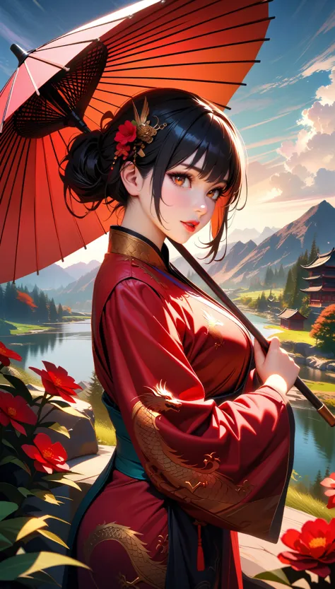 Masterpiece, Best Quality, Super Detailed, High Definition, HDR, Realistic, Depth, Fine Texture, Super Fine, Complete concentration, a beautiful oriental girl in oriental dress, hair ornament, holding an umbrella, dragon pattern, beautiful detailed eyes, beautiful detailed lips, extremely detailed eyes and face, long eyelashes, red lips, scenic landscape, red flowers garden, beautiful sky, few clouds, vibrant colors, dramatic lighting, highly detailed, serene, tranquil, picturesque, stunning, breathtaking