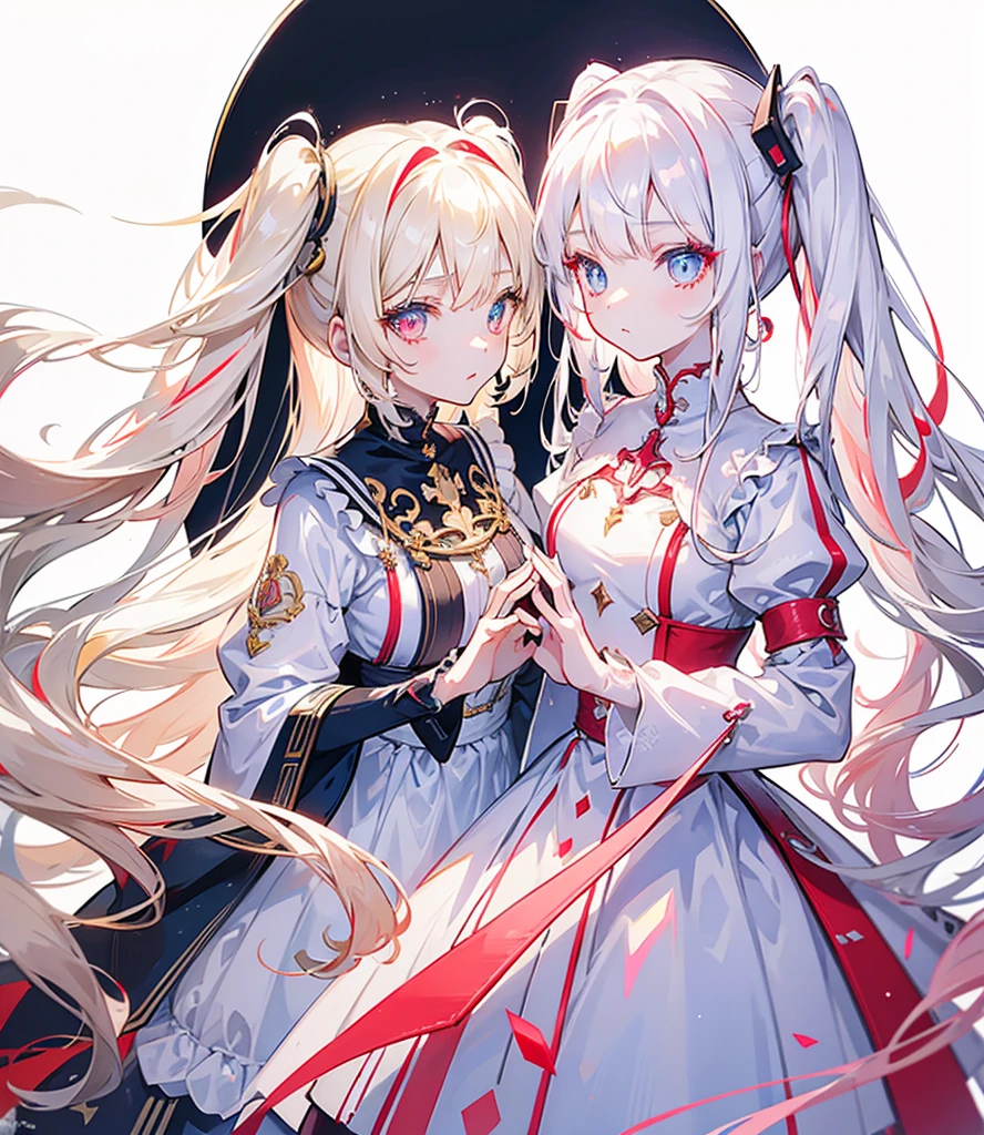 Two girls, one with beige hair and very red eyes, the other with white hair and blue eyes, twin tails, long hair, white background, colorful jewels, light, high quality, hands together, one in the mirror, mecha musume, Colorful portraits 