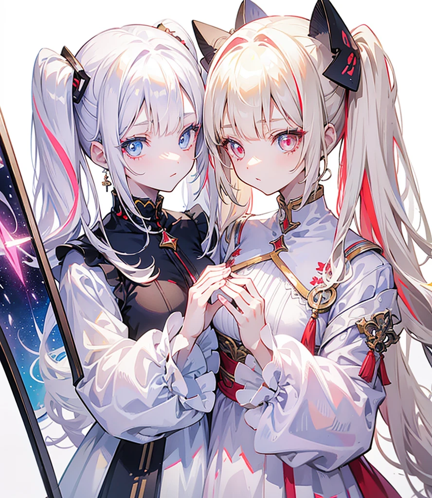 Two girls, one with beige hair and very red eyes, the other with white hair and blue eyes, twin tails, long hair, white background, colorful jewels, light, high quality, hands together, one in the mirror, mecha musume, Colorful portraits 