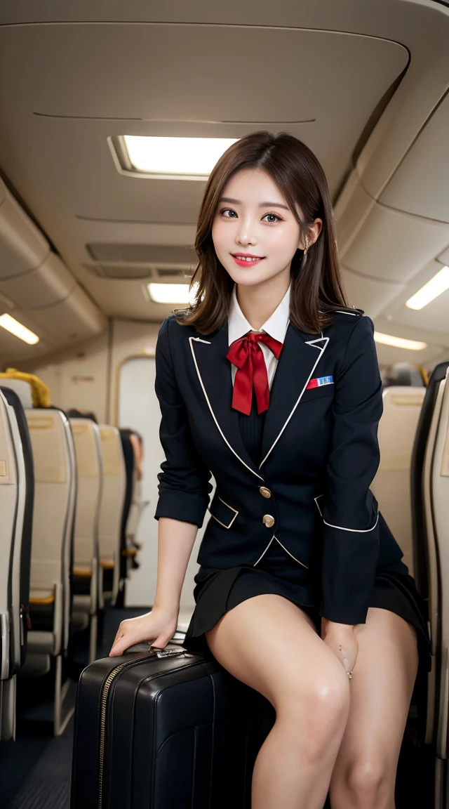 ​highest quality、table top、8k、best image quality、Award-winning work)、one beautiful woman、radiant beautiful skin , masterpiece、top-quality、The ultra -The high-definition、depth of fields、lens flare 1 girl、、brown hair, watching at viewers glares, large breasts , stewardess uniform, (red stewardess blazer:1.2), black shirt, short black skirt, (black ysl high heels), perfect legs, model pose, view from below, smiling , flight cabin
