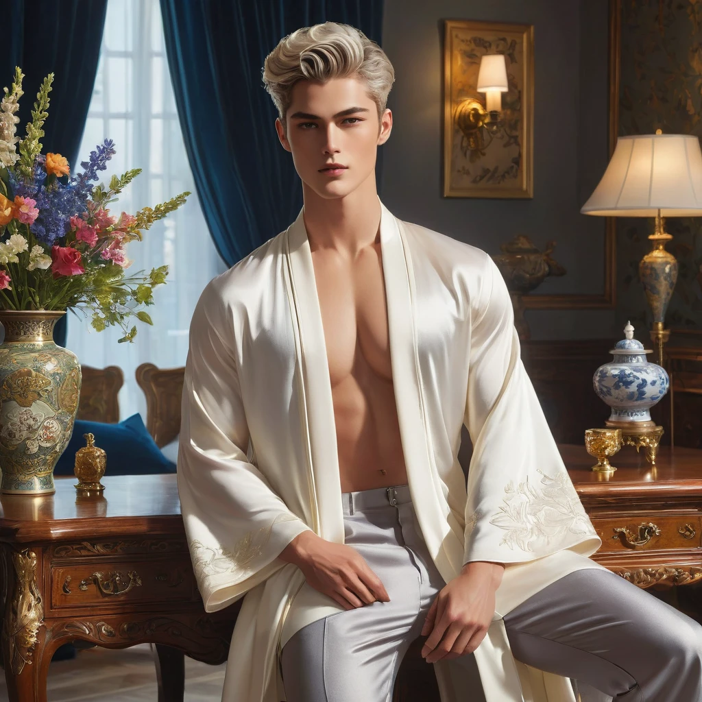 In this breathtaking artwork, miniature doll-sized male models, inspired by the iconic supermodels Sean O’Pry and Lucky Blue Smith, take center stage in a vibrant scene reminiscent of a Ken doll fantasy. With jointed doll features and porcelain-like skin, these charming figures boast an irresistible blend of sophistication and natural beauty.
Sporting short silver-gray undercut hairstyles, Standing adorned in a white top t-shirt with sweatpants with semi bulge, an embroidery-detailed kimono robe, he exudes sophistication and elegance against the backdrop of a luxury bedroom. The room is adorned with 1915 Oriental theme, surrounded by luxury exotic furniture, velvet drape curtains, and colorful wildflowers, creating a vibrant and enchanting atmosphere.
Captured from a dynamic angle, over shoulder look photo showcases the models amidst the meticulously arranged Employing three-point lighting and incorporating 3D animation shadows, the photographer enhances the models' features, resulting in an image of unparalleled realism and detail.
using a Canon EOS R6 and Sigma AF 24mm F1.4 EX DG HSM lens by Thomas Synnamon, the focus of the photo is on his captivating presence and the intricate details of the surroundings, Utilize natural soft lighting, casting gentle highlights and shadows that accentuate the contours of his face and body, The light creates a warm intimate atmosphere with a soft golden tone that enhances his skin,
With its dramatic composition and seductive lighting, this masterpiece invites viewers to immerse themselves in a world of charm and sophistication. It celebrates the beauty of the male form while capturing the essence of a fun-filled day, where joy and relaxation abound.