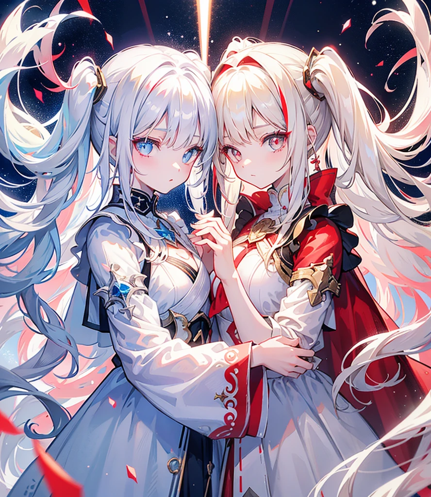 Two girls, one with beige hair and very red eyes, the other with white hair and blue eyes, twin tails, long hair, white background, colorful jewels, light, high quality, hands together, water surface, mecha musume, Colorful portraits 