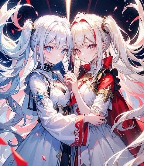 Two girls, one with beige hair and very red eyes, the other with white hair and blue eyes, twin tails, long hair, white backgrou...