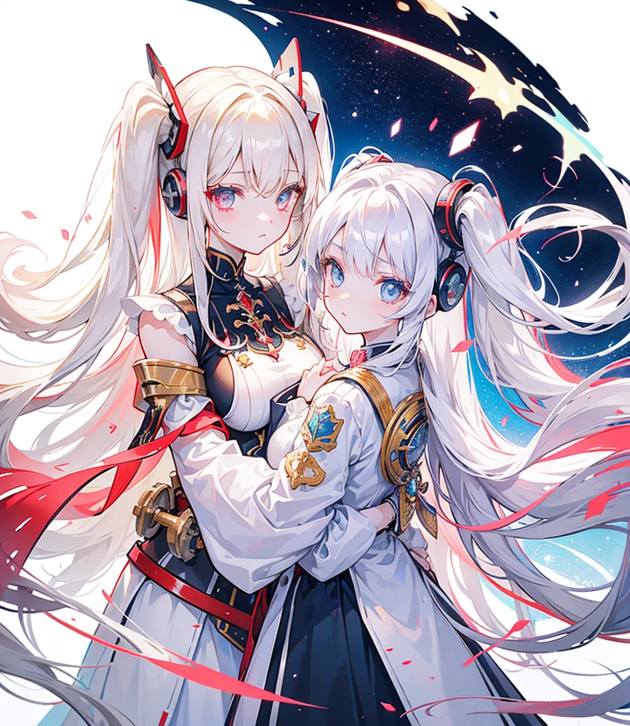 Two girls, one with beige hair and very red eyes, the other with white hair and blue eyes, twin tails, long hair, white background, colorful jewels, light, high quality, hands together, water surface, mecha musume, Colorful portraits 