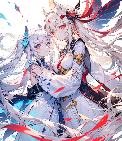 Two girls, one with beige hair and very red eyes, the other with white hair and blue eyes, twin tails, long hair, white backgrou...