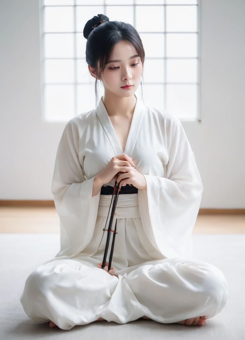 Minimalism,Practical,1 girl,Solitary,(whole body:1.4),Sitting lazily,(巨型Lotus Leaf:1.1),Black Hair,White dress,Single bun,(Lotus Leaf:1.1),Long sleeve,(White_background:1.5),simple background,Look at the audience,Welschke,qianjinghui,Buddhist sentiments,Chinese artistic conception,Ink,Holding a bow and arrow