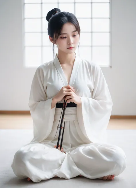 minimalism,practical,1 girl,solitary,(whole body:1.4),sitting lazily,(巨型lotus leaf:1.1),black hair,white dress,single bun,(lotus...