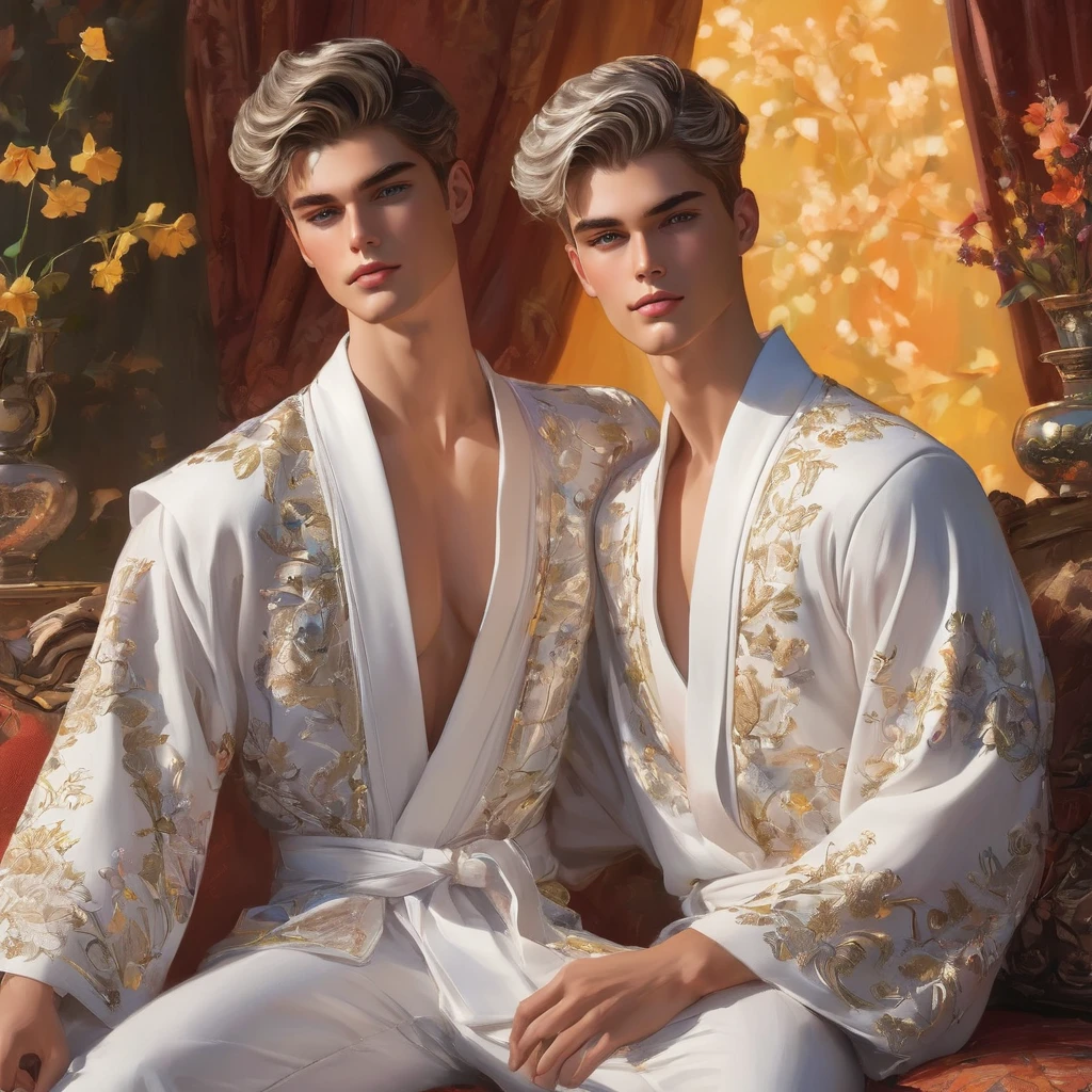 In this breathtaking artwork, miniature doll-sized male models, inspired by the iconic supermodels Sean O’Pry and Lucky Blue Smith, take center stage in a vibrant scene reminiscent of a Ken doll fantasy. With jointed doll features and porcelain-like skin, these charming figures boast an irresistible blend of sophistication and natural beauty.
Sporting short silver-gray undercut hairstyles, Standing adorned in a white top t-shirt with sweatpants with semi bulge, an embroidery-detailed kimono robe, he exudes sophistication and elegance against the backdrop of a luxury bedroom. The room is adorned with 1915 Oriental theme, surrounded by luxury exotic furniture, velvet drape curtains, and colorful wildflowers, creating a vibrant and enchanting atmosphere.
Captured from a dynamic angle, over shoulder look photo showcases the models amidst the meticulously arranged Employing three-point lighting and incorporating 3D animation shadows, the photographer enhances the models' features, resulting in an image of unparalleled realism and detail.
using a Canon EOS R6 and Sigma AF 24mm F1.4 EX DG HSM lens by Thomas Synnamon, the focus of the photo is on his captivating presence and the intricate details of the surroundings, Utilize natural soft lighting, casting gentle highlights and shadows that accentuate the contours of his face and body, The light creates a warm intimate atmosphere with a soft golden tone that enhances his skin,
With its dramatic composition and seductive lighting, this masterpiece invites viewers to immerse themselves in a world of charm and sophistication. It celebrates the beauty of the male form while capturing the essence of a fun-filled day, where joy and relaxation abound.