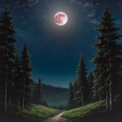 strawberry moon, large display in upper half, dark forest in lower half, star-filled sky