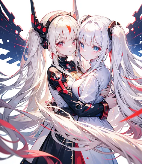 Two girls, one with beige hair and very red eyes, the other with white hair and blue eyes, twin tails, long hair, white backgrou...