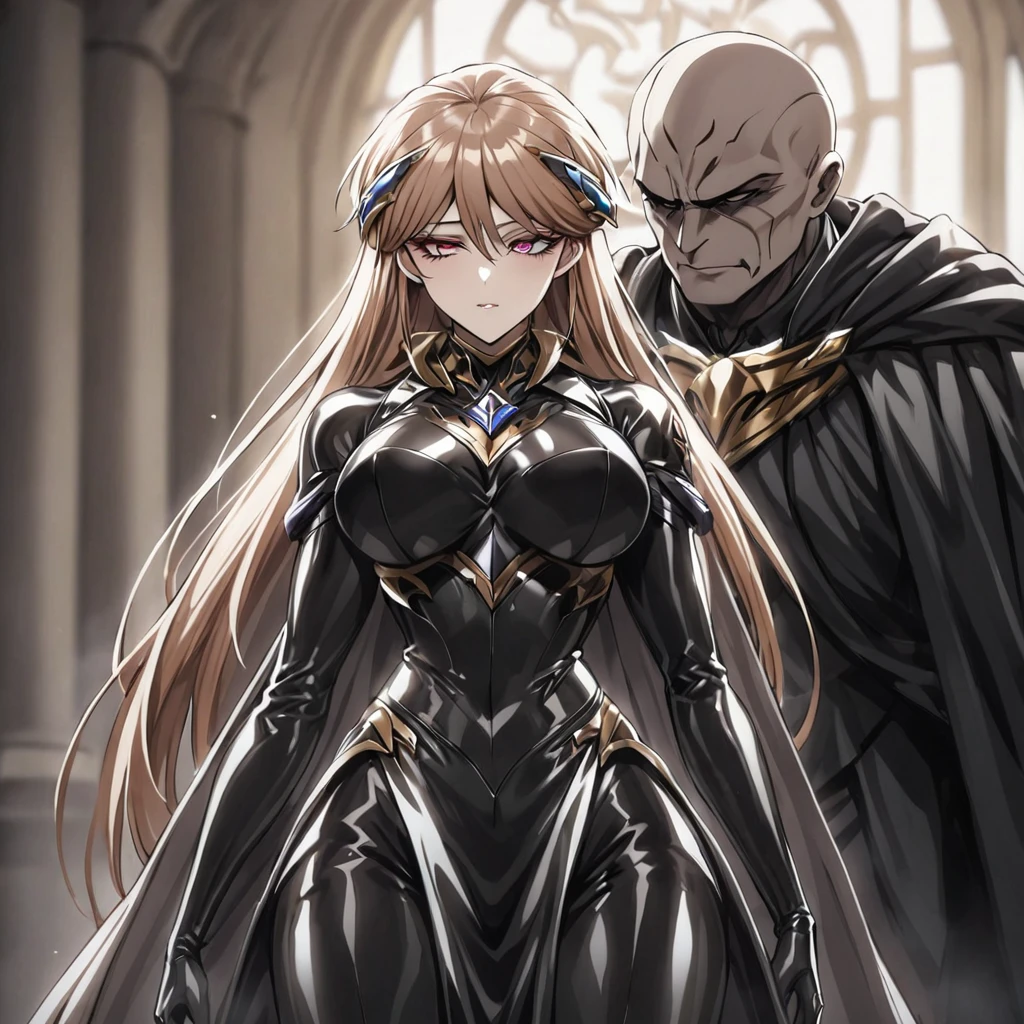 ((Highest quality)), ((masterpiece)), (detailed), （Perfect Face）、The woman is Princess Leona, with medium-long light brown hair, wearing a shiny, flashy, sexy, revealing black dress bodysuit, an open-front skirt, a cape, a headgear, lipstick and makeup, and is an evil female executive who is standing next to a man who is the dignified boss of an evil organization.、Women are brainwashed, expressionless, and have no highlights in their eyes.、The woman is being held close by the powerful boss of an evil organization.、A strong male boss of an evil organization is embracing a woman, kissing her and showing her affection.