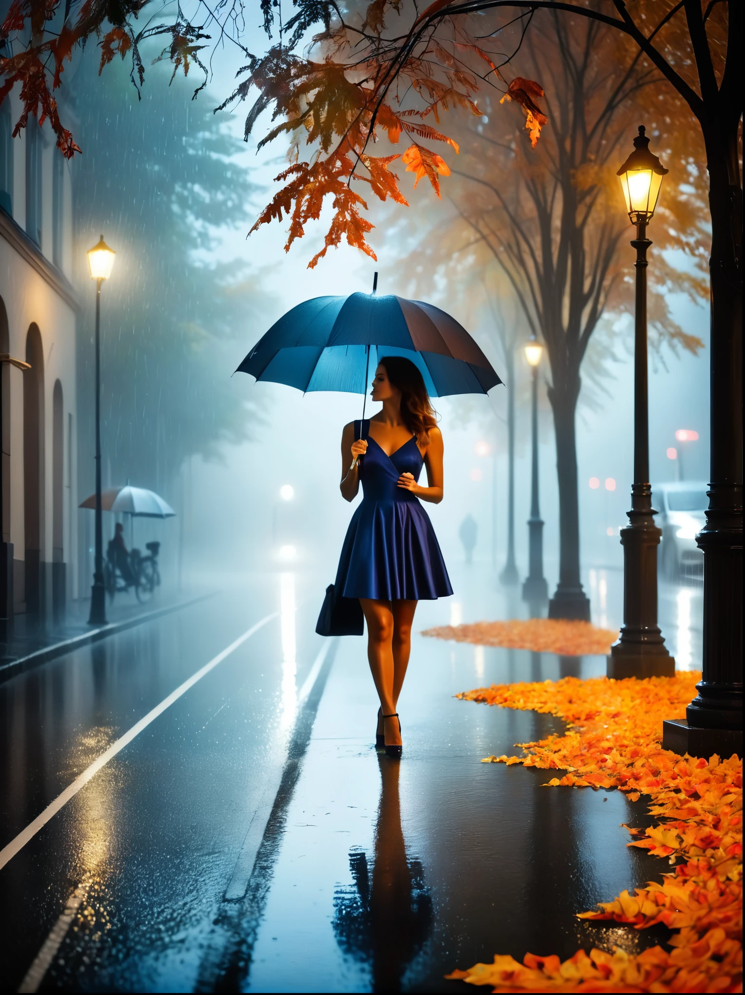 Woman in tight dress with umbrella in hand, in einer mistyen Stadt, colorful autumn leaves on the street, a picture by Kuno Veeber, pixabay contest winner, conceptual art, standing in the rain, mysterious woman, pretty girl, that stands in the rain, Single person with umbrella, woman ((silhouette)), ((misty)) and rainy, female image in the shadow, in a rainy environment, Rainy weather, Rainy roads in the background , ((Fog with light)), ((View from behind)), Light from the front