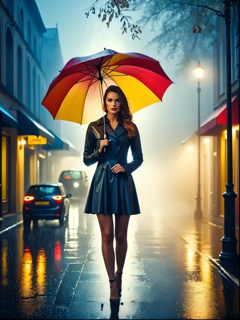 woman in tight dress with umbrella in hand, in einer mistyen stadt, colorful autumn leaves on the street, a picture by kuno veeb...