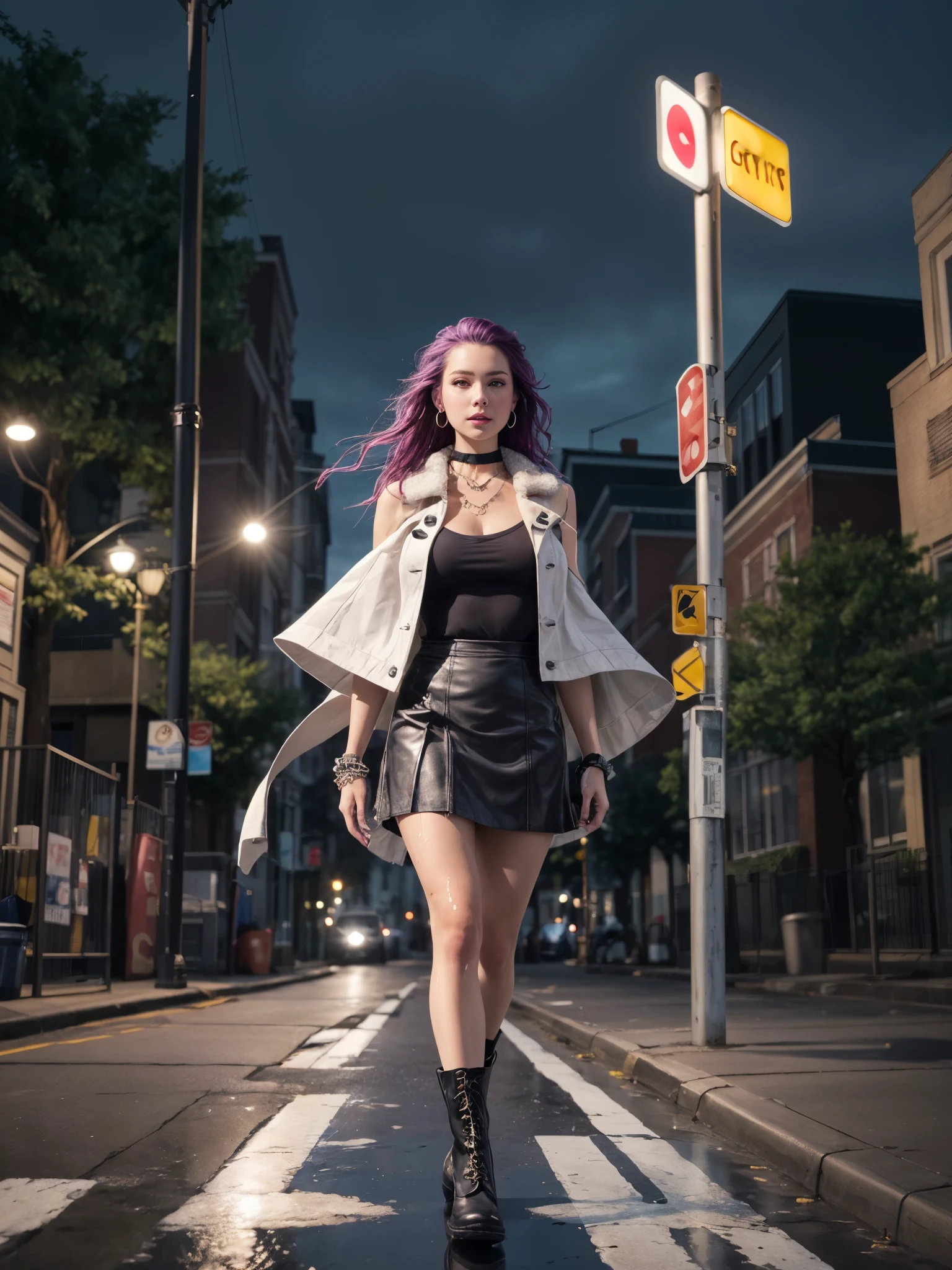 1girl, walking, outdoor, night, waffle house restaurant, wet street, BREAK, masterpiece, highest quality, highest details, high resolution, depth of field, pov, first person perspective, girl with thick eyebrows, expressiveless, long purple hair, hoop earring, bangle, ear studs, choker, delicate necklace, leather skirt, fur shawl, combat boots, looking at viewer, detailed face, cinematic lighting, volumetric light, (13yo, cute:1.2), (breasts:1.2),