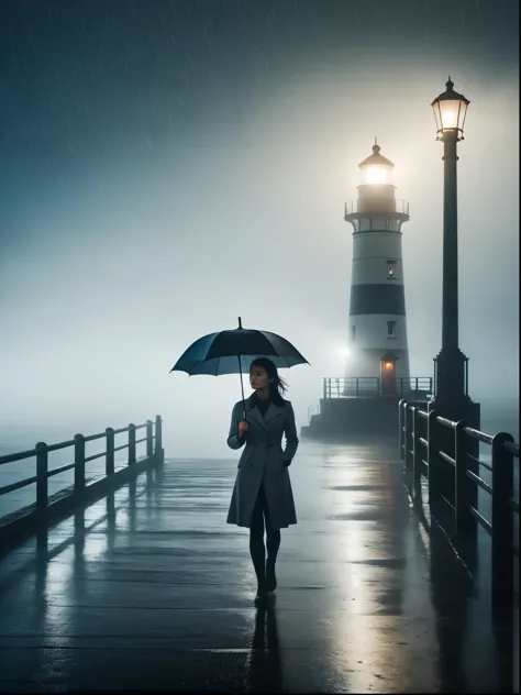 1girl, 独奏, rain, fog, cold, Dull, , pier, bay, lighthouse, seaside, The dim light shines in the fog,and the figure stands in the...
