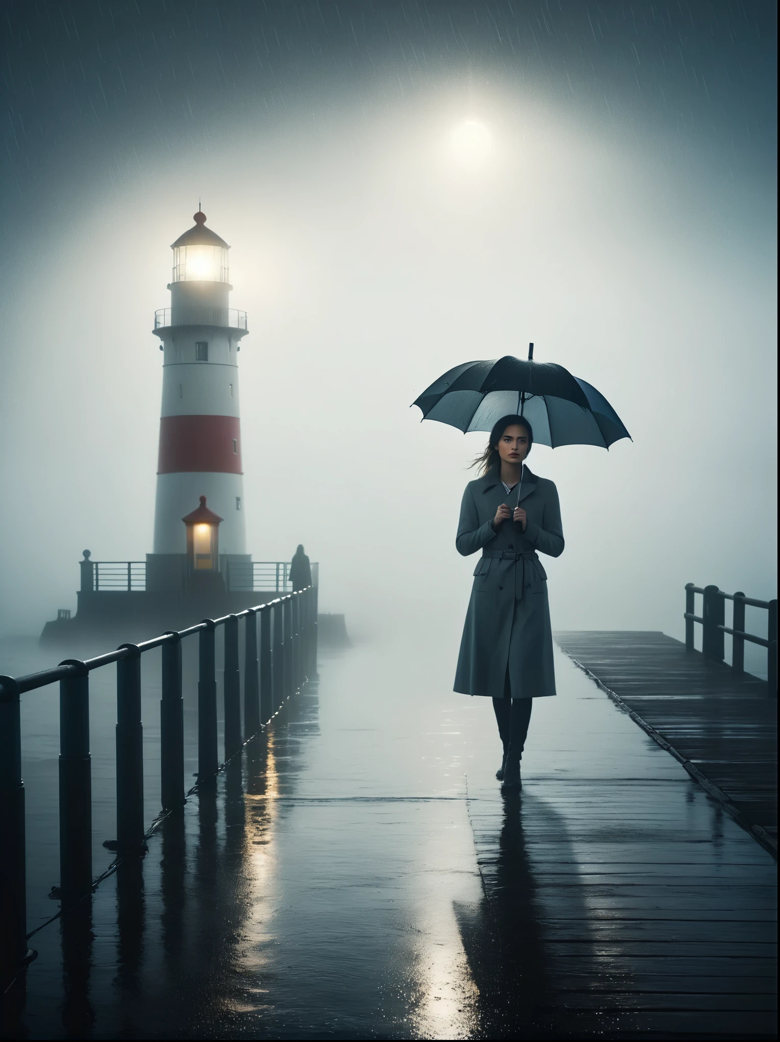 1fille, solo, pluie, Brouillard, froid, terne, , jetée, baie, phare, bord de mer, The dim light shines in the Brouillard,and the figure stands in the Brouillard holding an umbrella, (clair obscur, éclairage cinématographique, ombre portée, film gpluie, anatomiquement correct, précis, primé, haute résolution, 8k)