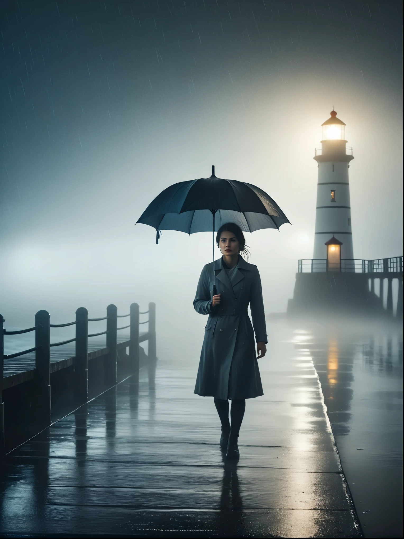 1 chica, solo, lluvia, niebla, frío, aburrido, , muelle, Bahía, faro, playa, The dim light shines in the niebla,and the figure stands in the niebla holding an umbrella, (claroscuro, iluminación cinematográfica, sombra paralela, film glluvia, anatómicamente correcto, preciso, premiado, alta resolución, 8k)