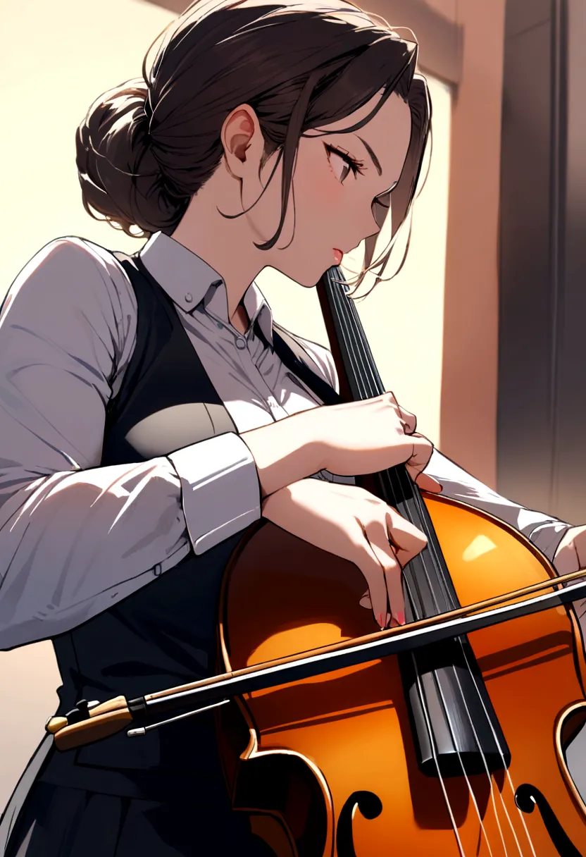 A lovely woman, Business attire, confident stance, playing cello 
