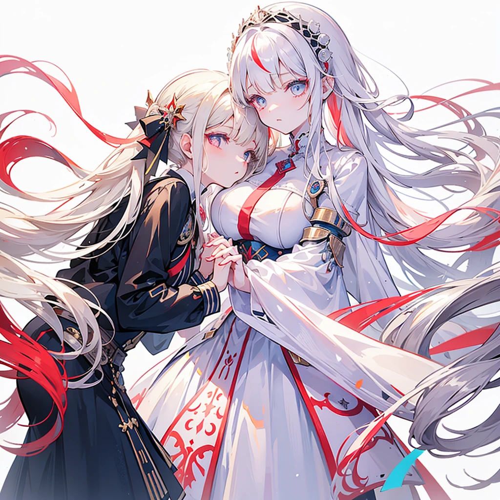 Two girls, one with beige hair and very red eyes, the other with white hair and blue eyes, twin tails, long hair, white background, colorful jewels, light, high quality, holding hands and taking a nap ,mecha musume, Colorful portraits 