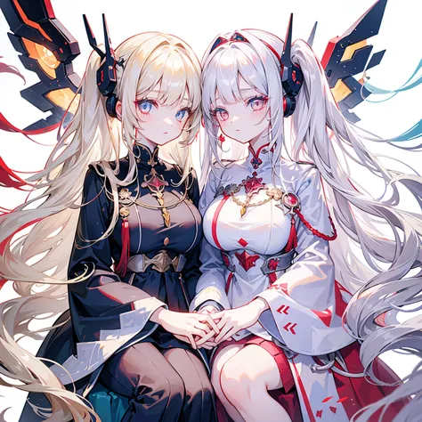 Two girls, one with beige hair and very red eyes, the other with white hair and blue eyes, twin tails, long hair, white backgrou...