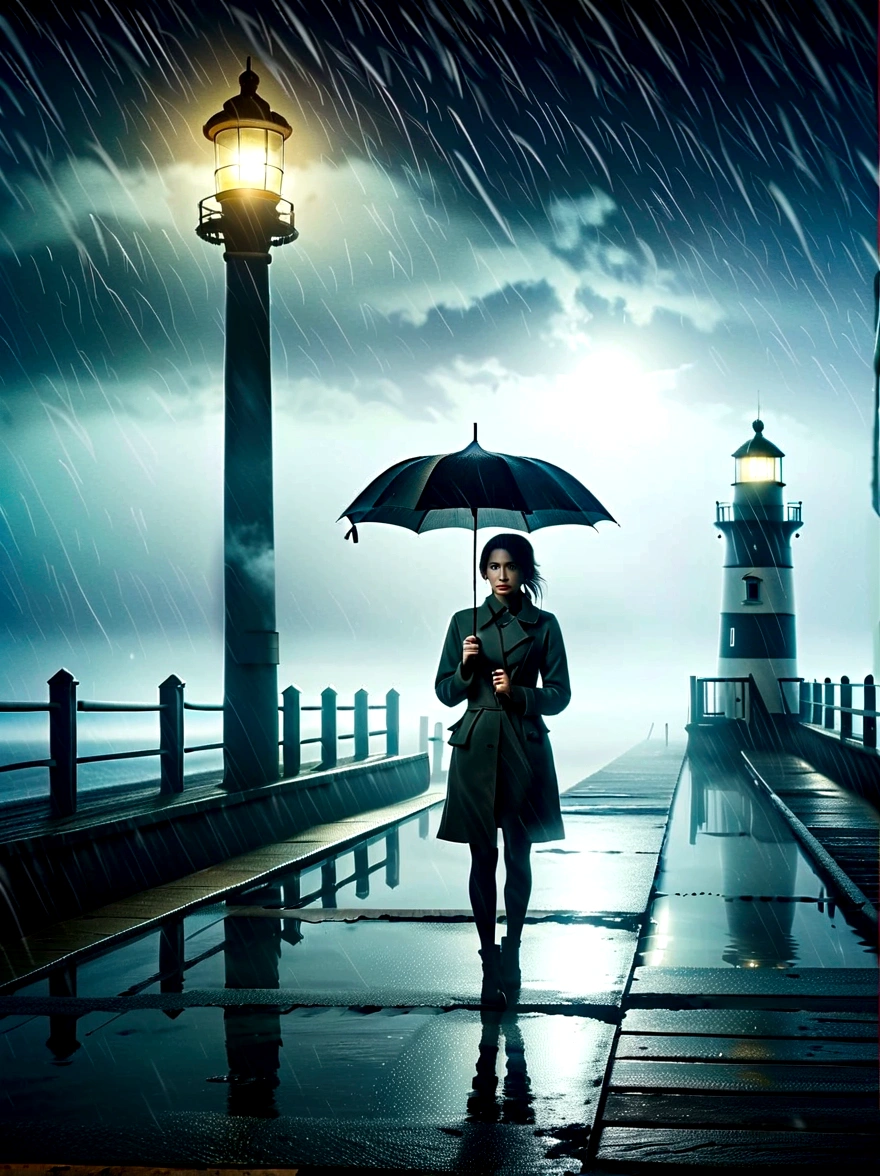 1สาว, เดี่ยว, ฝน, หมอก, เย็น, น่าเบื่อ, , ท่าเรือ, อ่าว, ประภาคาร, ริมทะเล, The dim light shines in the หมอก,and the figure stands in the หมอก holding an umbrella, (ไคอารอสคูโร, แสงภาพยนตร์, เงา, film gฝน, ถูกต้องตามหลักกายวิภาค, แม่นยำ, ได้รับรางวัล, ความสูง, 8k)