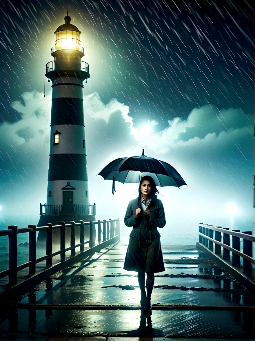 1girl, solo, rain, FOG, cold, Dull, , pier, bay, lighthouse, seaside, The dim light shines in the FOG,and the figure stands in the FOG holding an umbrella, (clair obscur, cinematic lighting, drop shadow, film grain, anatomically correct, accurate, award winning, highres, 8K)